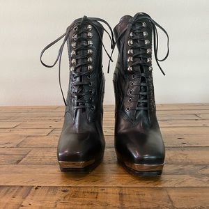 MIU MIU 100% Italian leather. Black lace up boots with back zippers